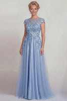 Laden Sie das Bild in den Galerie-Viewer, Blaues Satin A-Linie Appliquiertes Spitzenkleid Mutter der Braut mit Ärmel