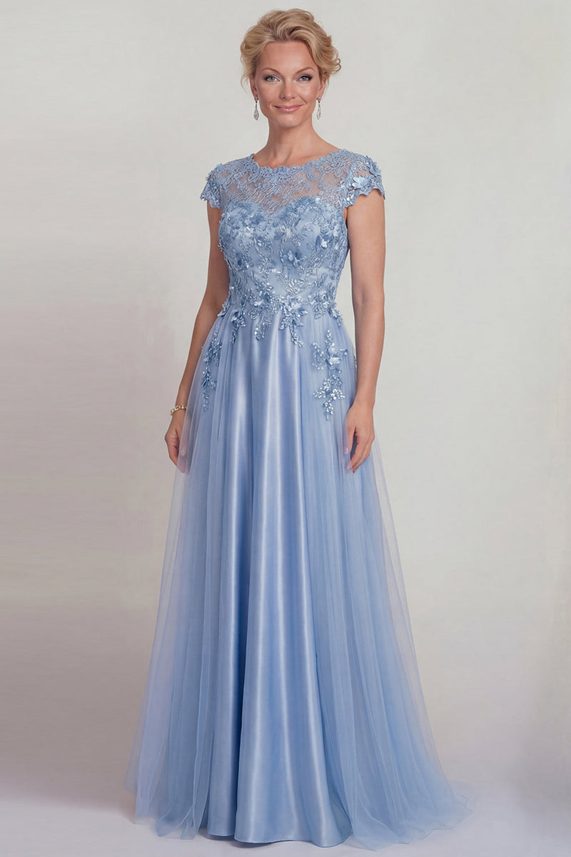 Laden Sie das Bild in den Galerie-Viewer, Blaues Satin A-Linie Appliquiertes Spitzenkleid Mutter der Braut mit Ärmel