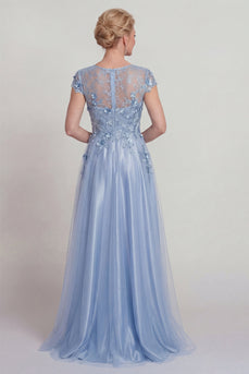 Blaues Satin A-Linie Appliquiertes Spitzenkleid Mutter der Braut mit Ärmel