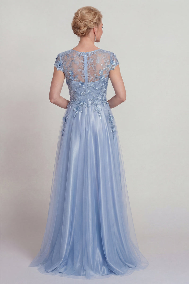 Laden Sie das Bild in den Galerie-Viewer, Blaues Satin A-Linie Appliquiertes Spitzenkleid Mutter der Braut mit Ärmel
