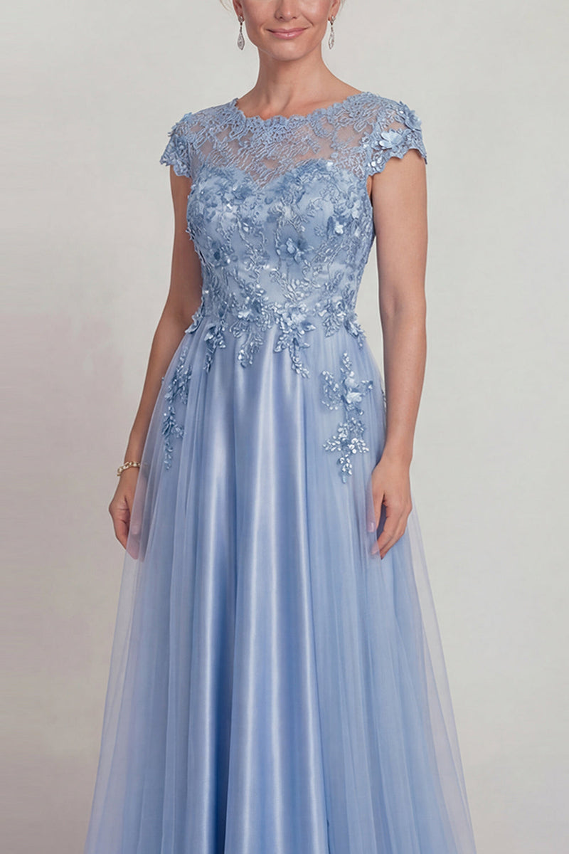 Laden Sie das Bild in den Galerie-Viewer, Blaues Satin A-Linie Appliquiertes Spitzenkleid Mutter der Braut mit Ärmel