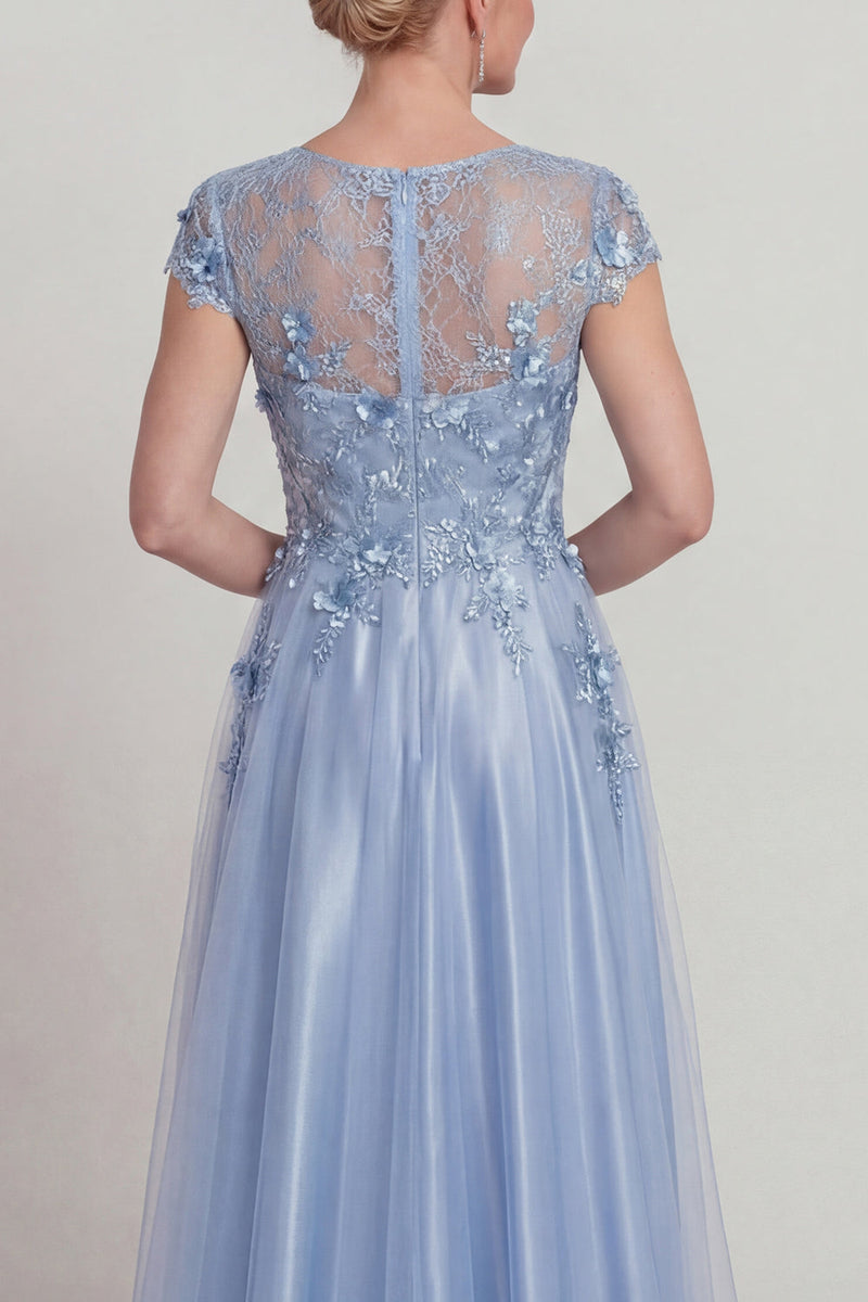 Laden Sie das Bild in den Galerie-Viewer, Blaues Satin A-Linie Appliquiertes Spitzenkleid Mutter der Braut mit Ärmel