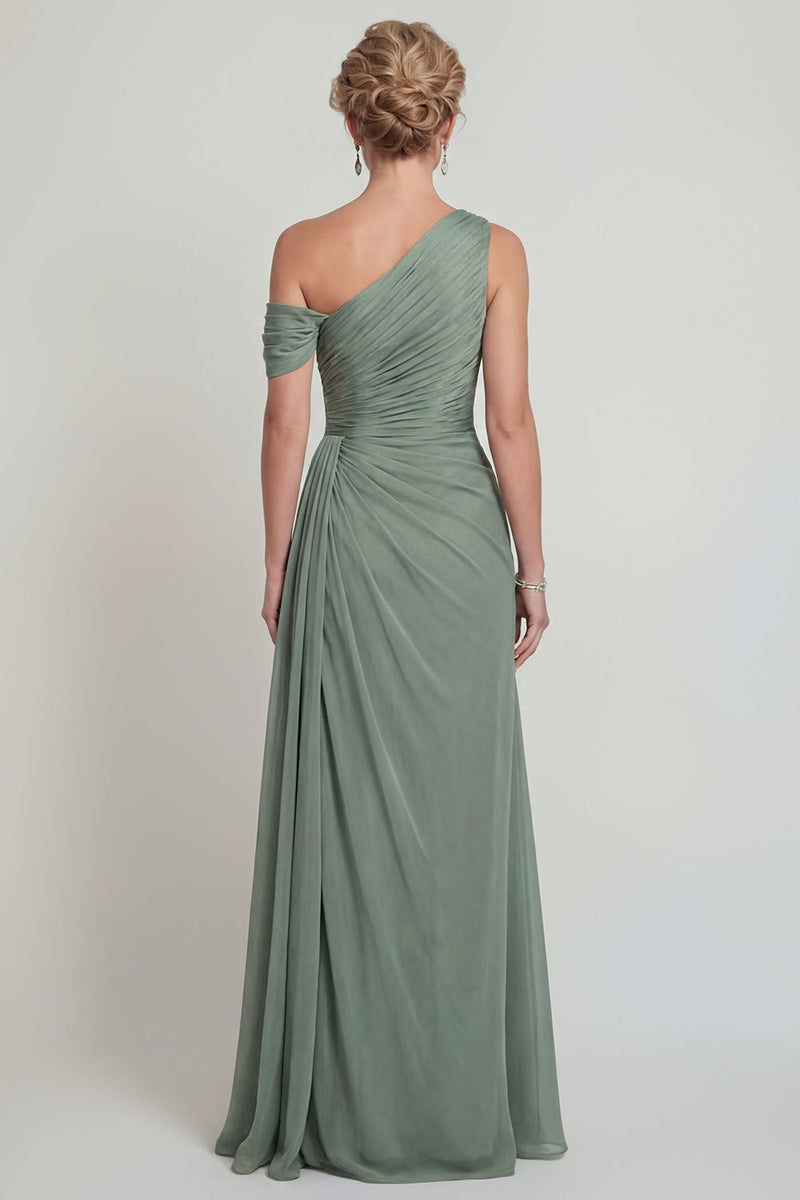 Laden Sie das Bild in den Galerie-Viewer, Staubiger Salbei Eine Schulter A-Linie Gerafftes Chiffon Mutter der Braut Kleid mit Schlitz
