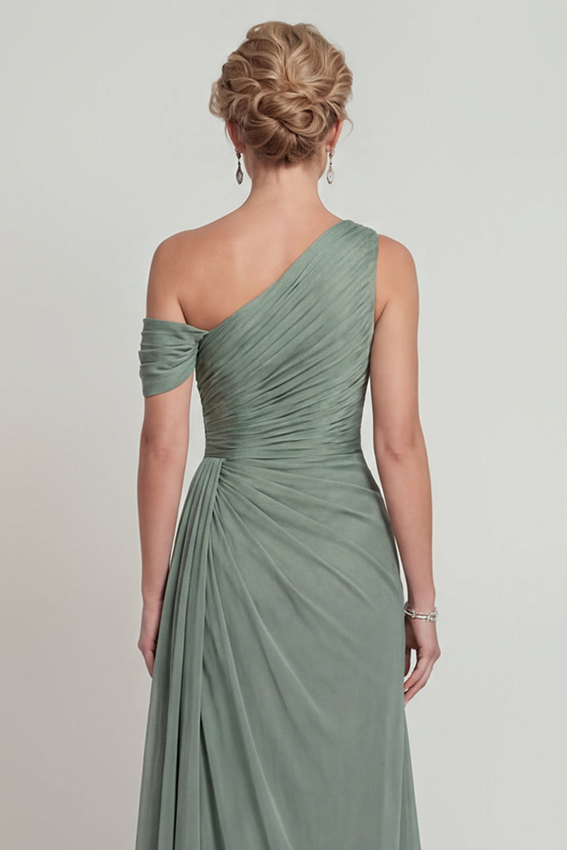 Laden Sie das Bild in den Galerie-Viewer, Staubiger Salbei Eine Schulter A-Linie Gerafftes Chiffon Mutter der Braut Kleid mit Schlitz