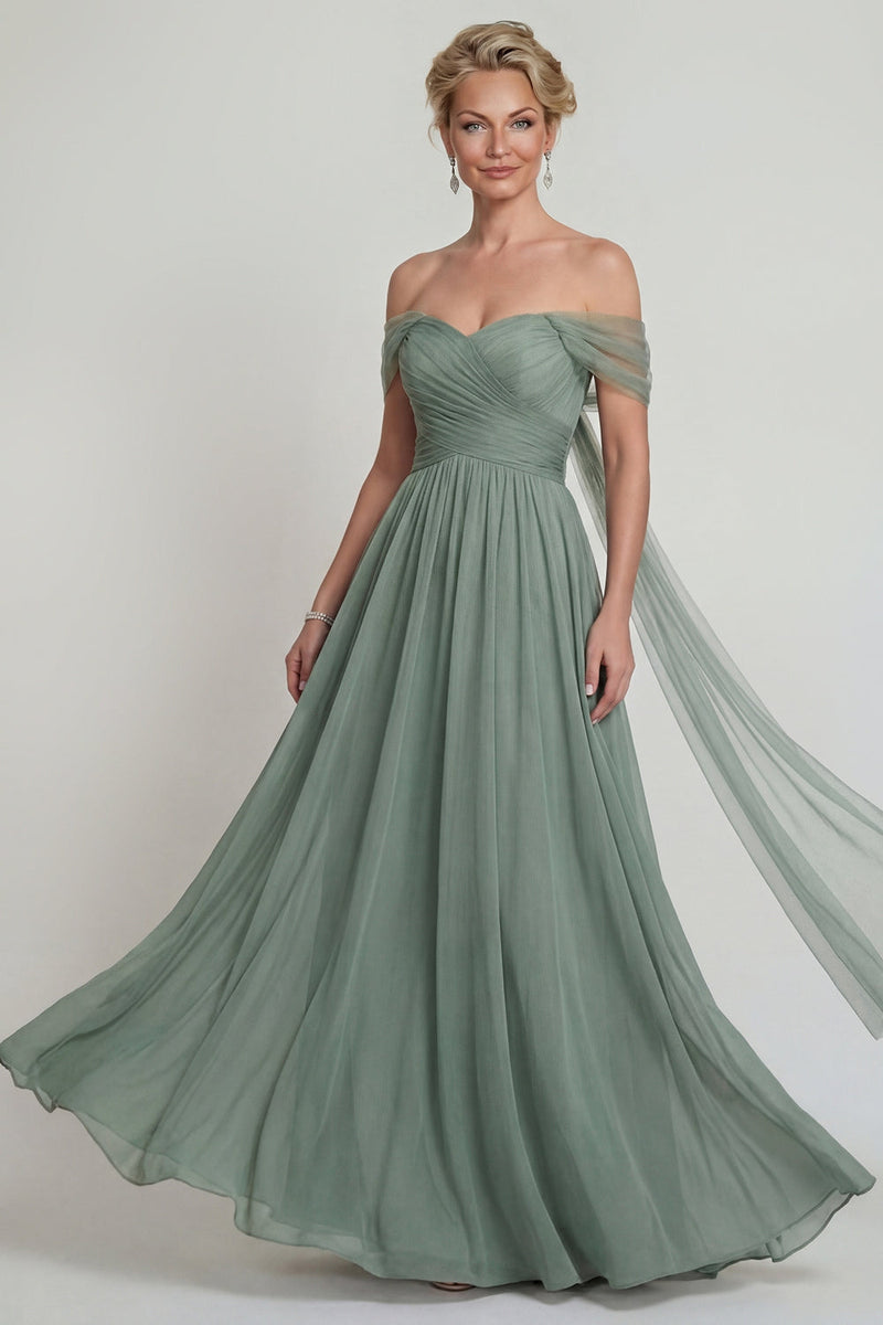 Laden Sie das Bild in den Galerie-Viewer, Schulterfreies Chiffon A-Linie Staubiger Salbei Mutter der Braut Kleid mit Girlande