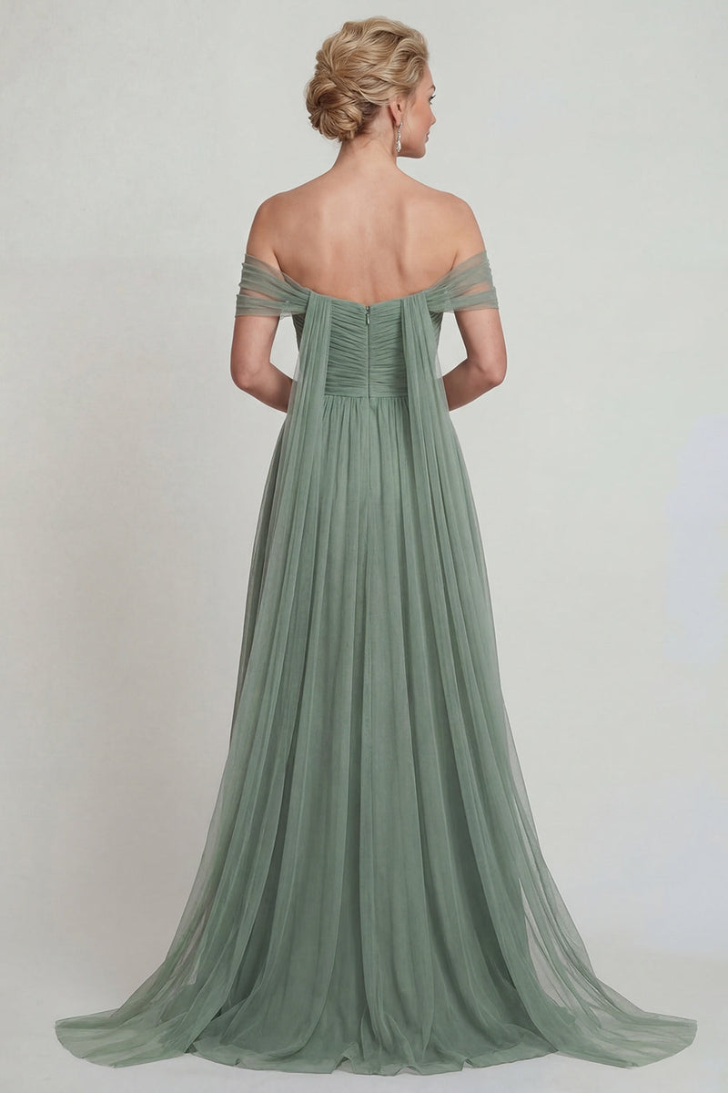 Laden Sie das Bild in den Galerie-Viewer, Schulterfreies Chiffon A-Linie Staubiger Salbei Mutter der Braut Kleid mit Girlande
