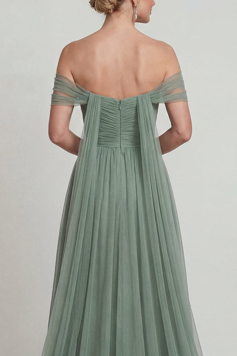 Laden Sie das Bild in den Galerie-Viewer, Schulterfreies Chiffon A-Linie Staubiger Salbei Mutter der Braut Kleid mit Girlande