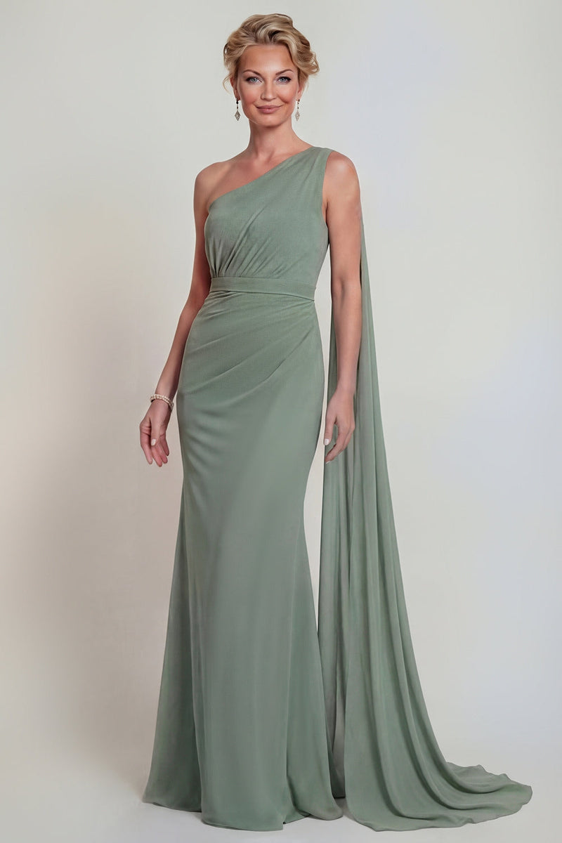 Laden Sie das Bild in den Galerie-Viewer, Staubiges Salbei Meerjungfrauen Chiffon Einschulter Mutter der Braut Kleid mit Seitenumhang
