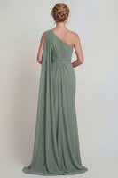 Laden Sie das Bild in den Galerie-Viewer, Staubiges Salbei Meerjungfrauen Chiffon Einschulter Mutter der Braut Kleid mit Seitenumhang