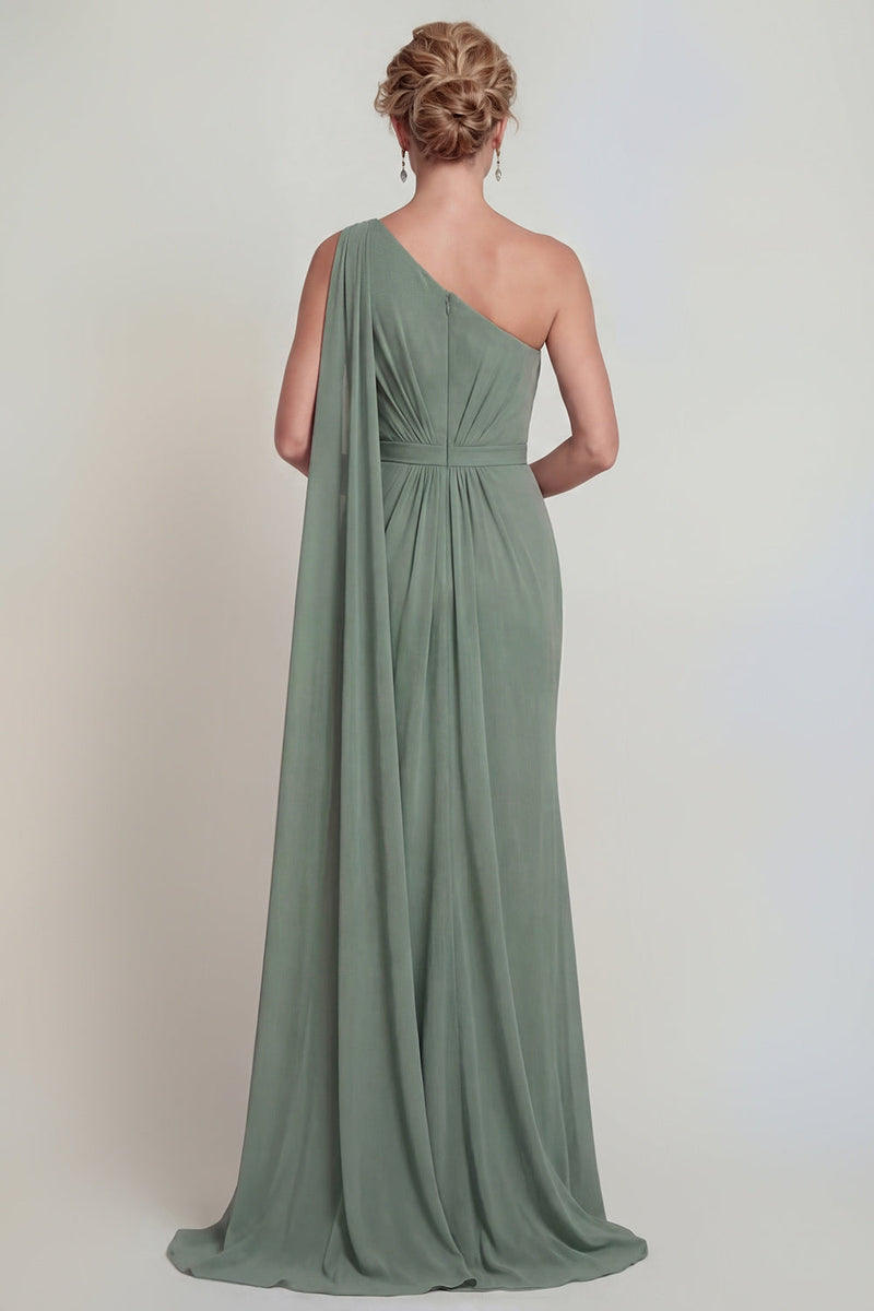 Laden Sie das Bild in den Galerie-Viewer, Staubiges Salbei Meerjungfrauen Chiffon Einschulter Mutter der Braut Kleid mit Seitenumhang