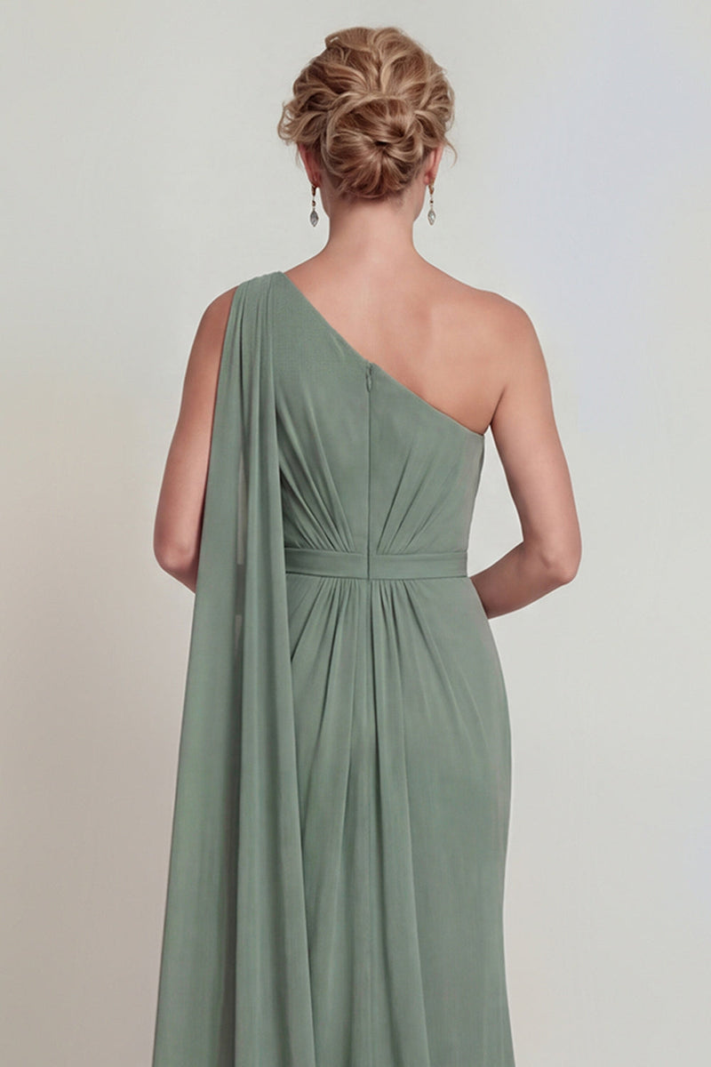 Laden Sie das Bild in den Galerie-Viewer, Staubiges Salbei Meerjungfrauen Chiffon Einschulter Mutter der Braut Kleid mit Seitenumhang