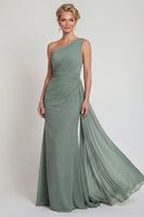 Laden Sie das Bild in den Galerie-Viewer, Einschulter Scheide Staubiger Salbei Chiffon Mutter der Braut Kleid mit Umhang