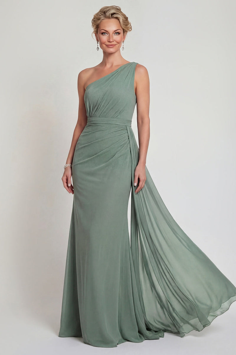 Laden Sie das Bild in den Galerie-Viewer, Einschulter Scheide Staubiger Salbei Chiffon Mutter der Braut Kleid mit Umhang