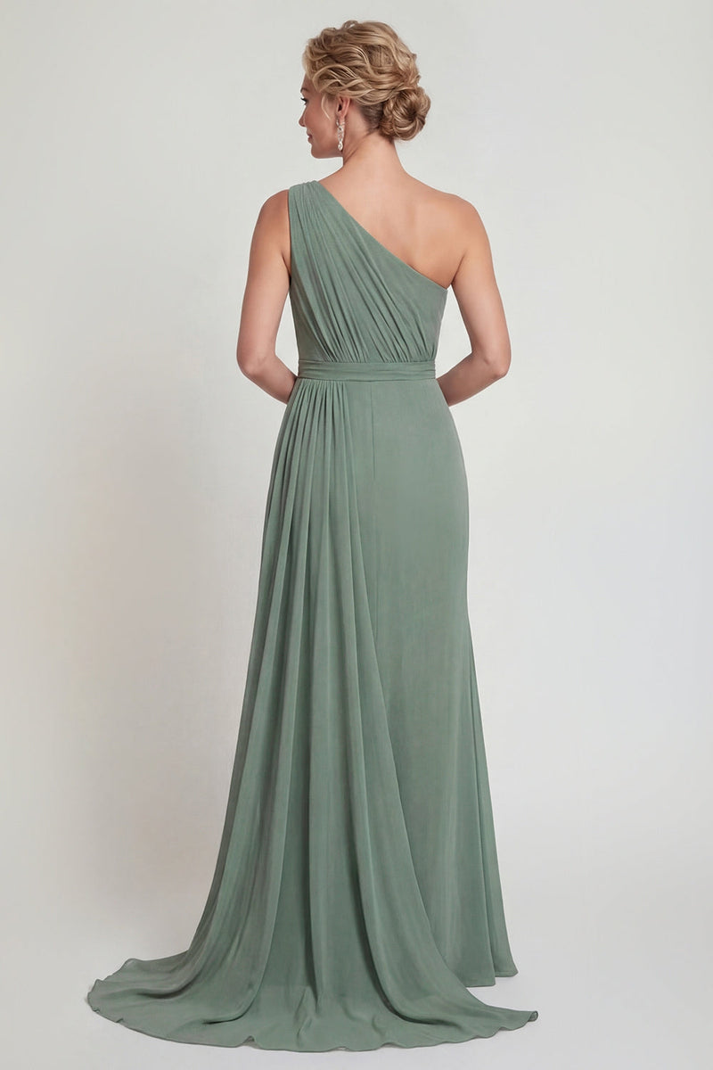 Laden Sie das Bild in den Galerie-Viewer, Einschulter Scheide Staubiger Salbei Chiffon Mutter der Braut Kleid mit Umhang