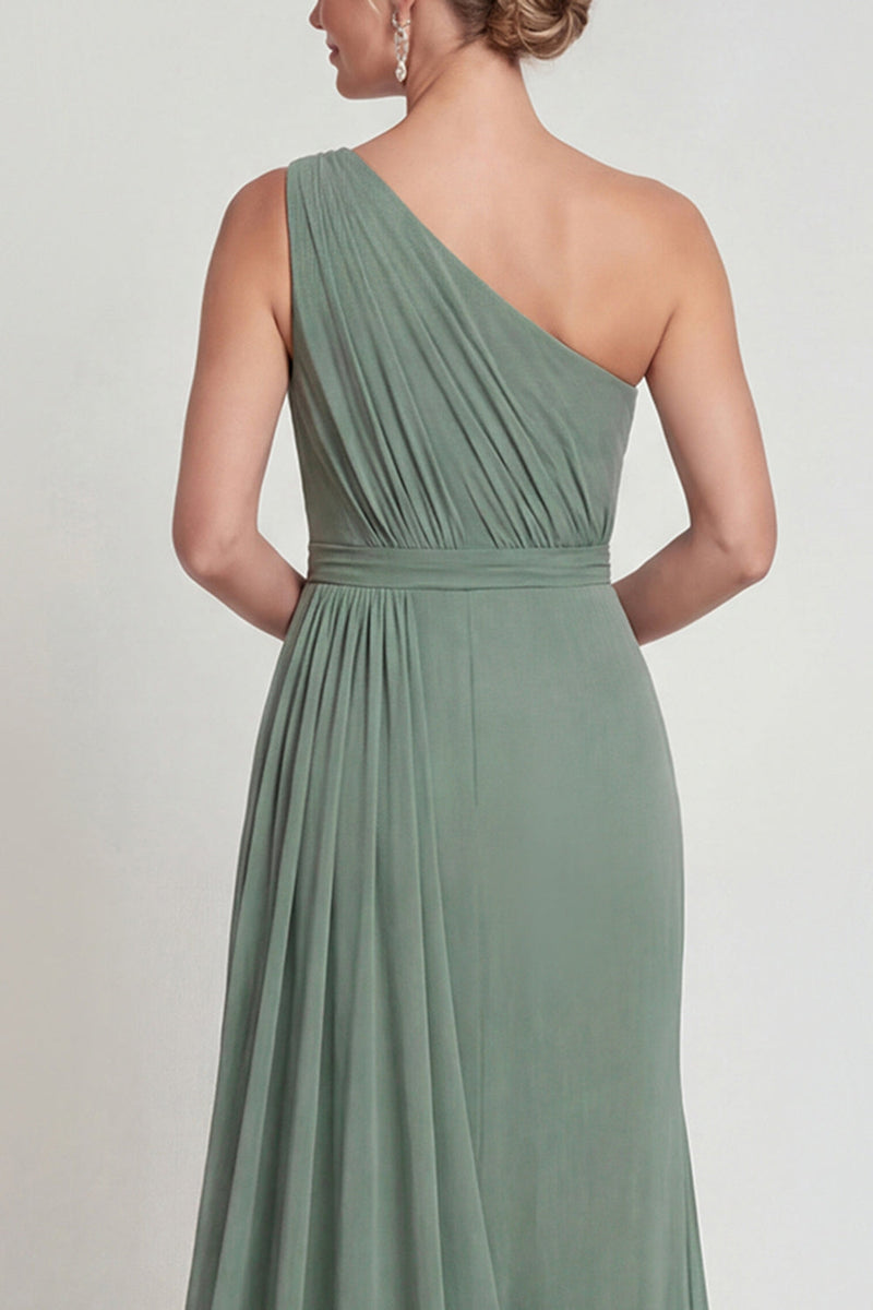 Laden Sie das Bild in den Galerie-Viewer, Einschulter Scheide Staubiger Salbei Chiffon Mutter der Braut Kleid mit Umhang