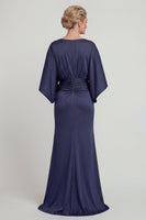 Laden Sie das Bild in den Galerie-Viewer, Marineblaues Scheide V-Ausschnitt Halbärmel Langes Mutter der Braut Kleid mit Taschen