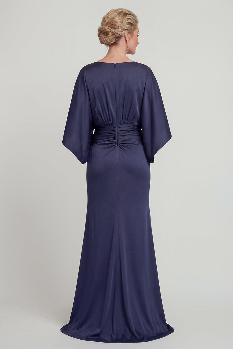 Laden Sie das Bild in den Galerie-Viewer, Marineblaues Scheide V-Ausschnitt Halbärmel Langes Mutter der Braut Kleid mit Taschen