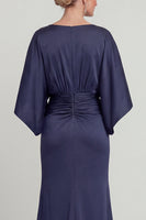 Laden Sie das Bild in den Galerie-Viewer, Marineblaues Scheide V-Ausschnitt Halbärmel Langes Mutter der Braut Kleid mit Taschen