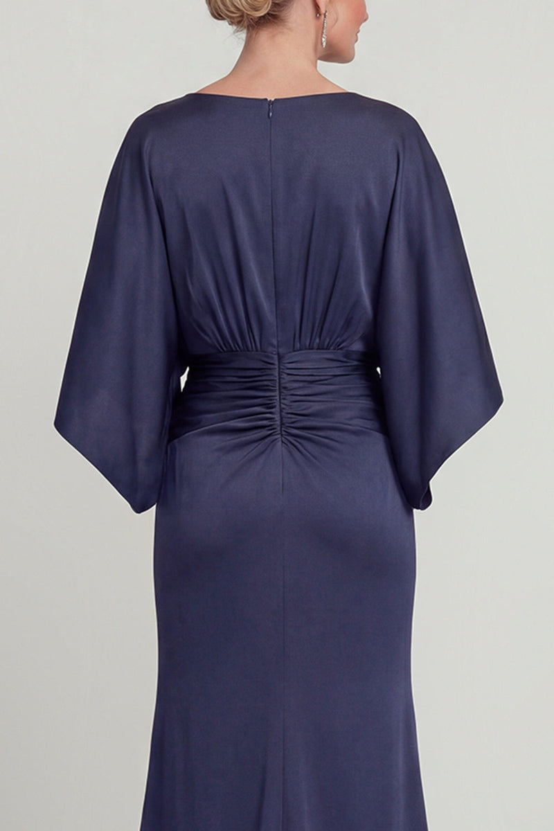Laden Sie das Bild in den Galerie-Viewer, Marineblaues Scheide V-Ausschnitt Halbärmel Langes Mutter der Braut Kleid mit Taschen
