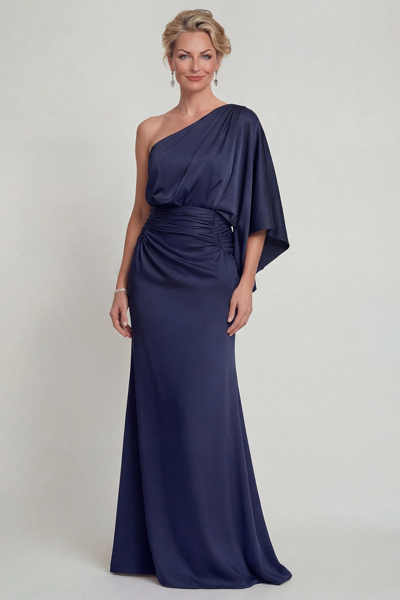 Laden Sie das Bild in den Galerie-Viewer, Einschulter Blaues Falten Scheide Langes Mutter der Braut Kleid