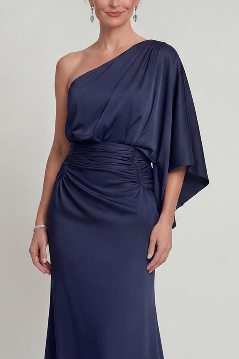 Laden Sie das Bild in den Galerie-Viewer, Einschulter Blaues Falten Scheide Langes Mutter der Braut Kleid