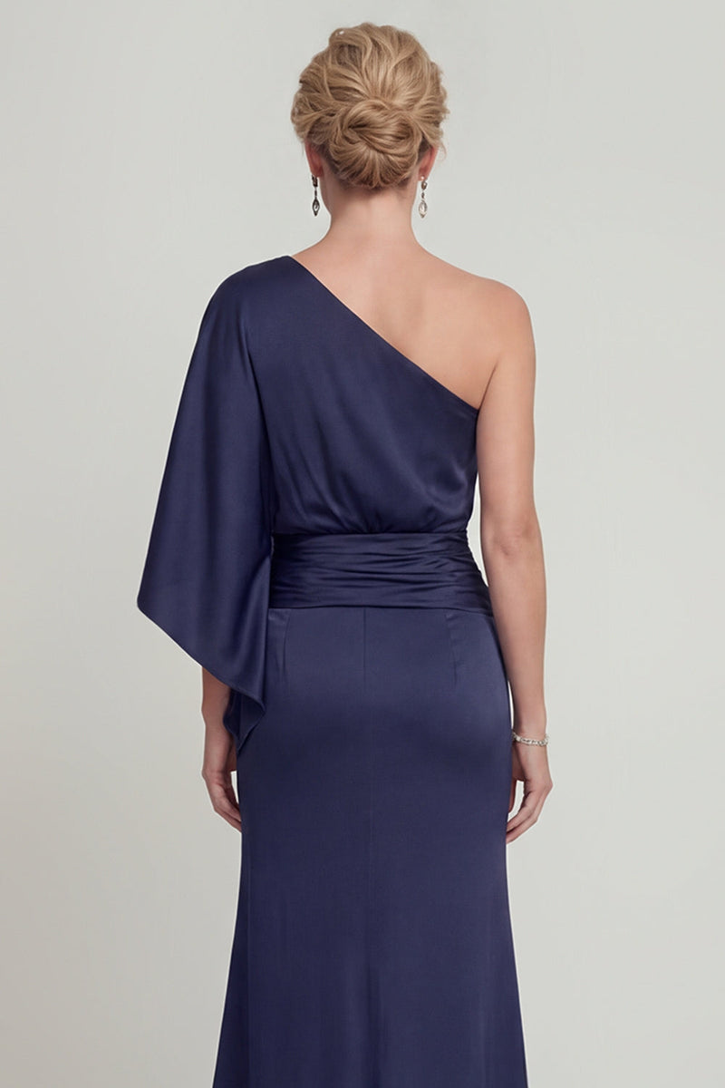 Laden Sie das Bild in den Galerie-Viewer, Einschulter Blaues Falten Scheide Langes Mutter der Braut Kleid