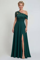 Laden Sie das Bild in den Galerie-Viewer, Dunkelgrünes Einschulter A-Linie Appliquiertes Mutter der Braut Kleid mit Schlitz