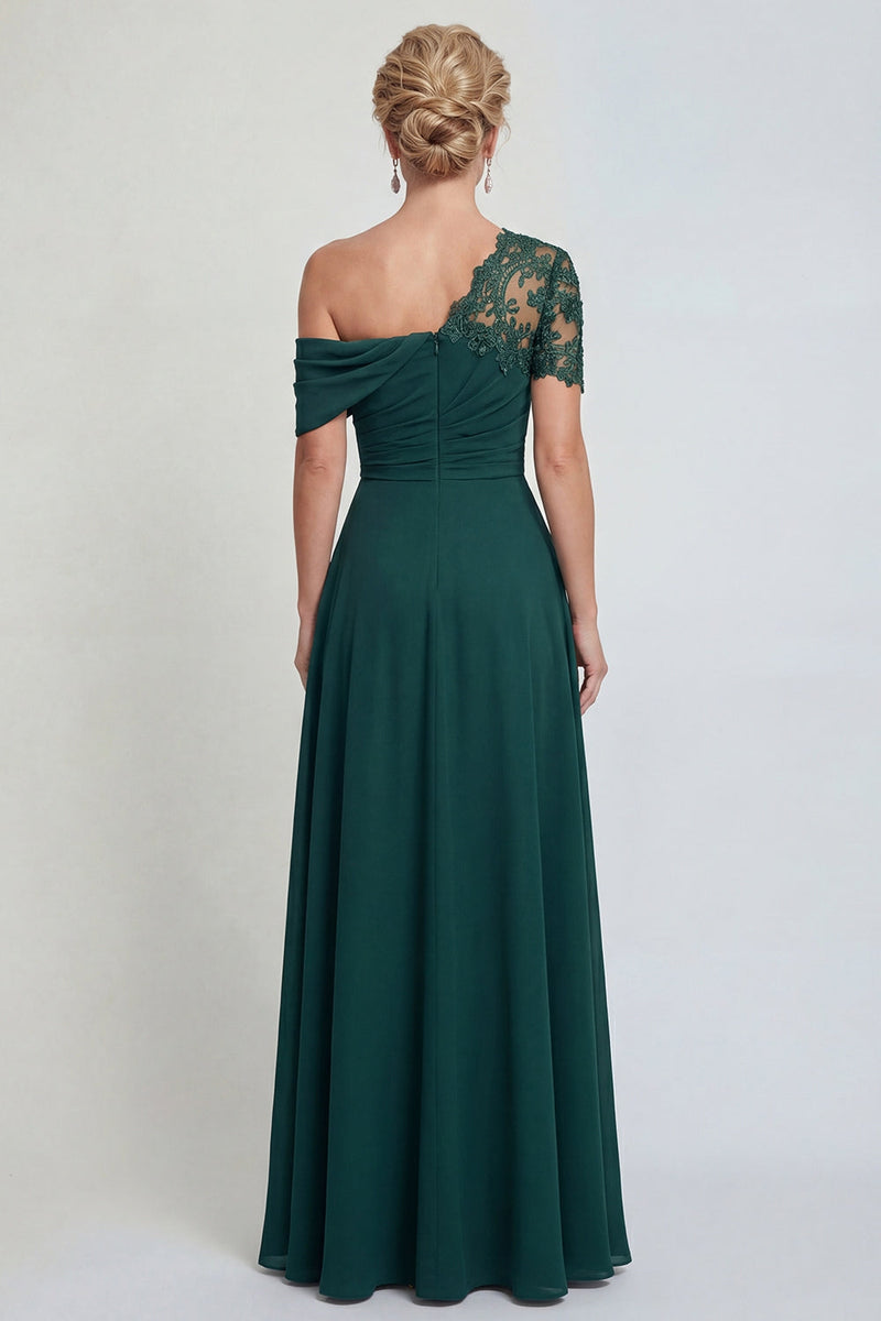 Laden Sie das Bild in den Galerie-Viewer, Dunkelgrünes Einschulter A-Linie Appliquiertes Mutter der Braut Kleid mit Schlitz