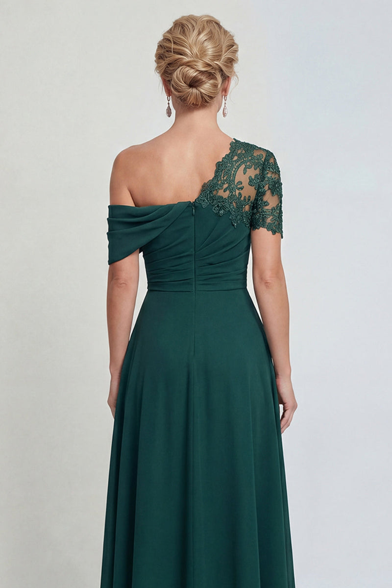 Laden Sie das Bild in den Galerie-Viewer, Dunkelgrünes Einschulter A-Linie Appliquiertes Mutter der Braut Kleid mit Schlitz