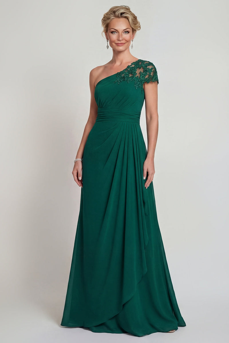 Laden Sie das Bild in den Galerie-Viewer, Eine Schulter Dunkelgrünes Chiffon A-Linie Langes Mutter der Braut Kleid