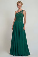 Laden Sie das Bild in den Galerie-Viewer, Dunkelgrünes A-Linie Eine Schulter Langes Chiffon Mutter der Braut Kleid mit Stickerei