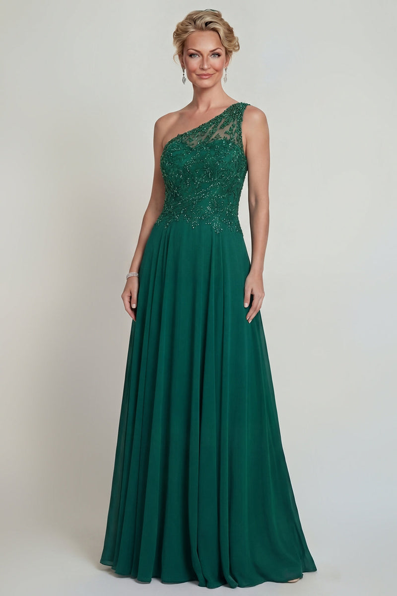 Laden Sie das Bild in den Galerie-Viewer, Dunkelgrünes A-Linie Eine Schulter Langes Chiffon Mutter der Braut Kleid mit Stickerei