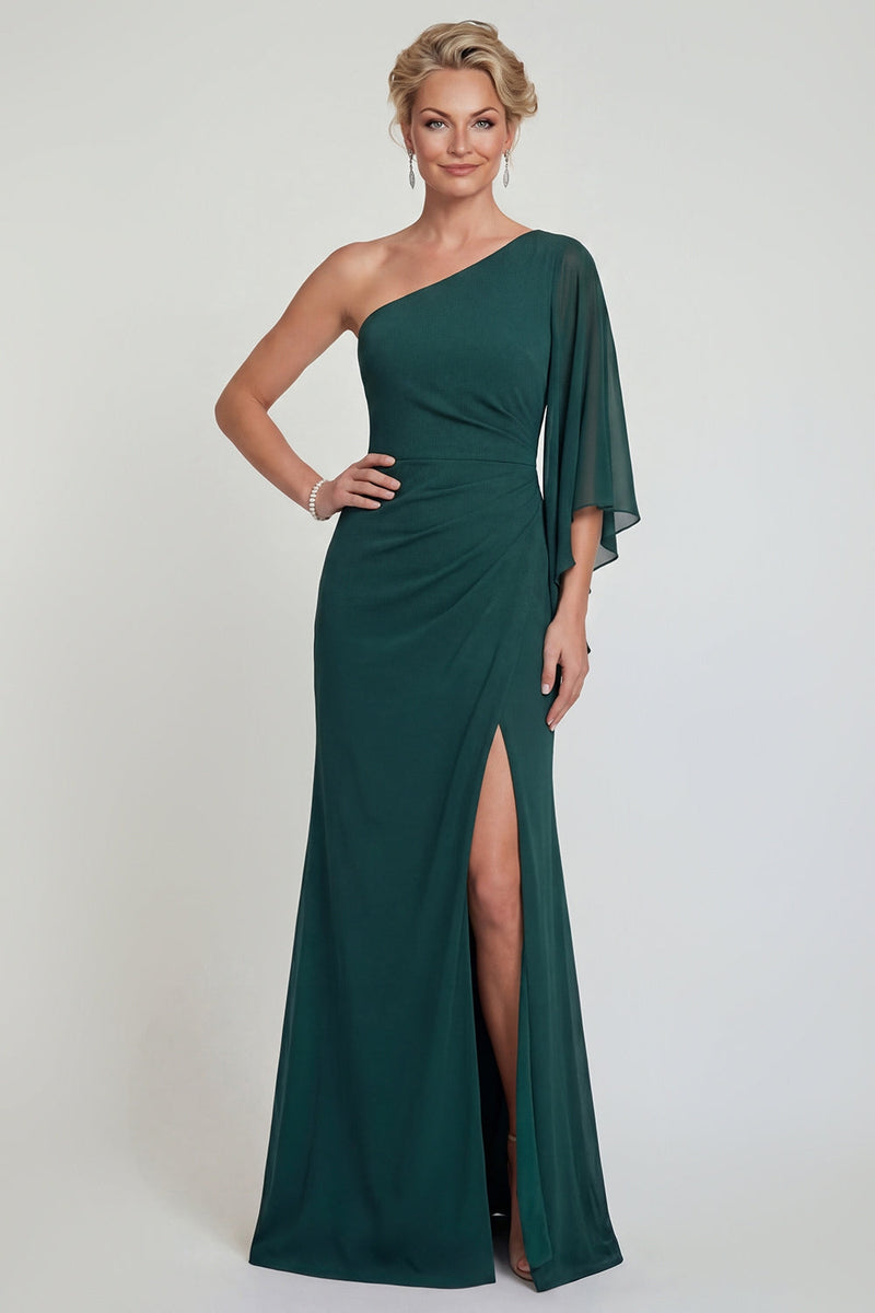 Laden Sie das Bild in den Galerie-Viewer, Dunkelgrünes Chiffon Meerjungfrau Langes Mutter der Braut Kleid mit Schlitz