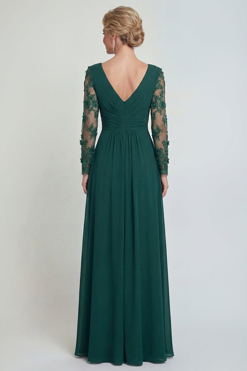 Laden Sie das Bild in den Galerie-Viewer, Dunkelgrünes A-Linie Langärmliges Applikiertes Mutter der Braut Kleid mit Schlitz