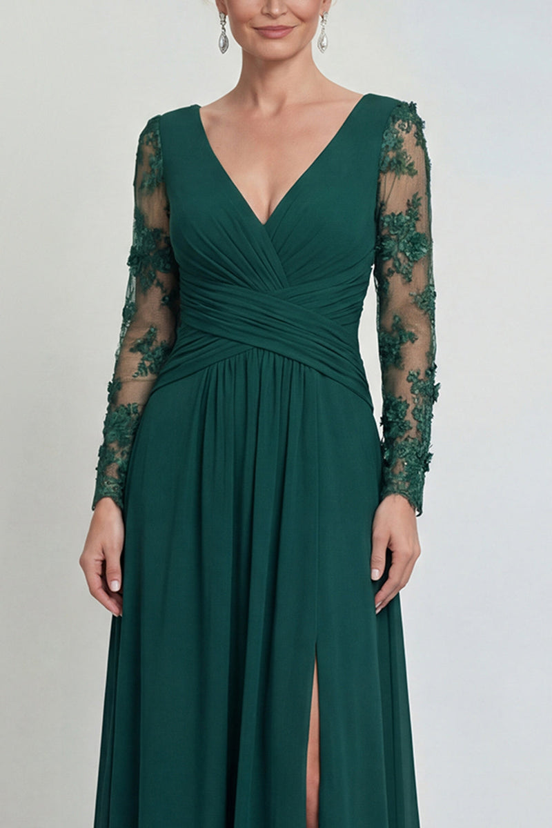 Laden Sie das Bild in den Galerie-Viewer, Dunkelgrünes A-Linie Langärmliges Applikiertes Mutter der Braut Kleid mit Schlitz