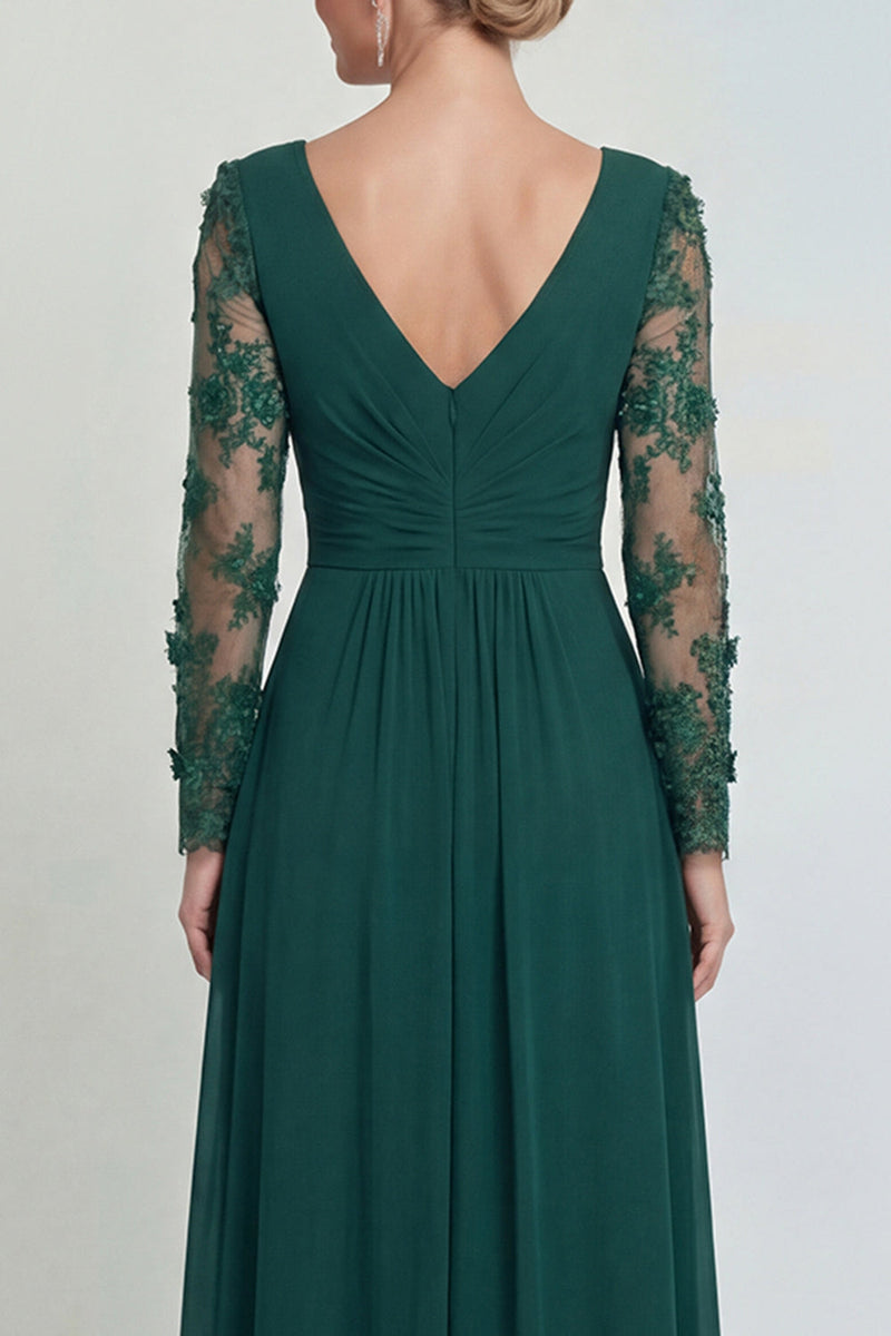 Laden Sie das Bild in den Galerie-Viewer, Dunkelgrünes A-Linie Langärmliges Applikiertes Mutter der Braut Kleid mit Schlitz