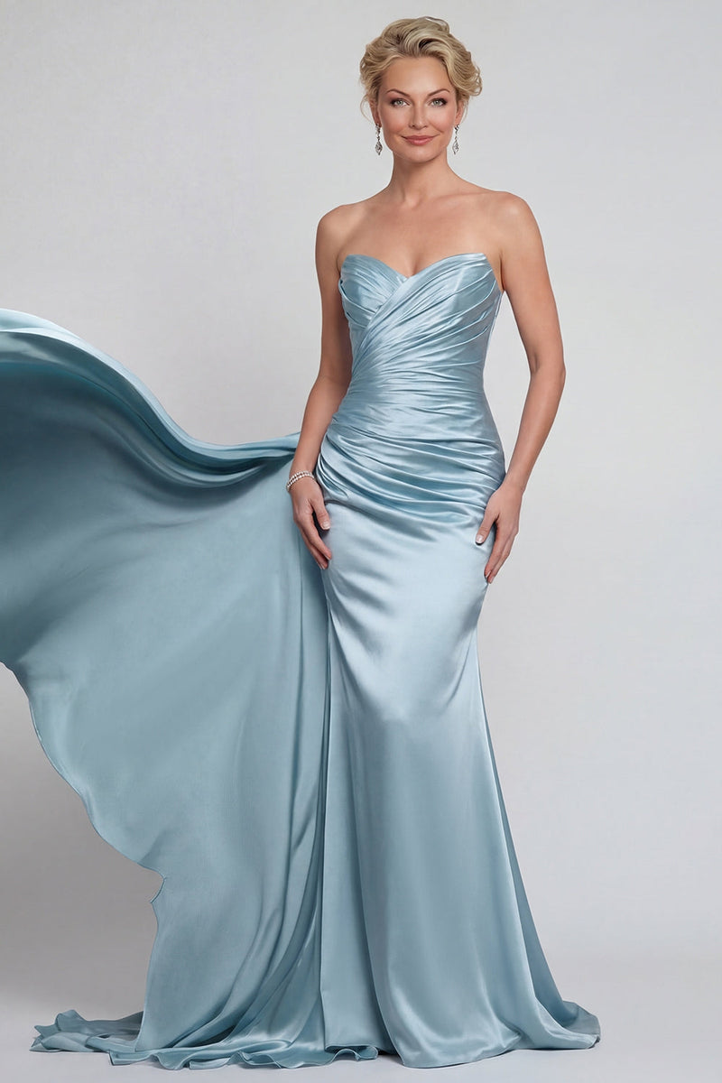 Laden Sie das Bild in den Galerie-Viewer, Blaues Gerafftes Trägerloses Meerjungfrau Langes Satin Mutter der Braut Kleid mit Umhang