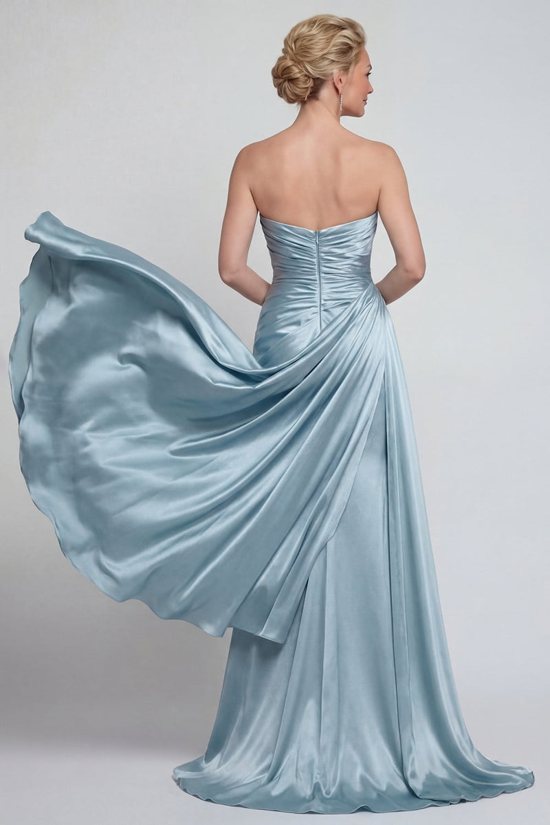Laden Sie das Bild in den Galerie-Viewer, Blaues Gerafftes Trägerloses Meerjungfrau Langes Satin Mutter der Braut Kleid mit Umhang