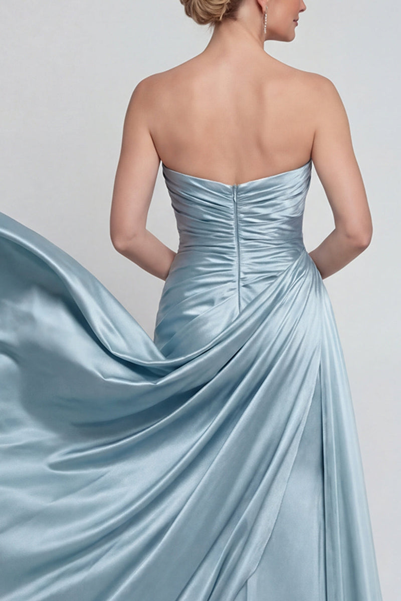 Laden Sie das Bild in den Galerie-Viewer, Blaues Gerafftes Trägerloses Meerjungfrau Langes Satin Mutter der Braut Kleid mit Umhang