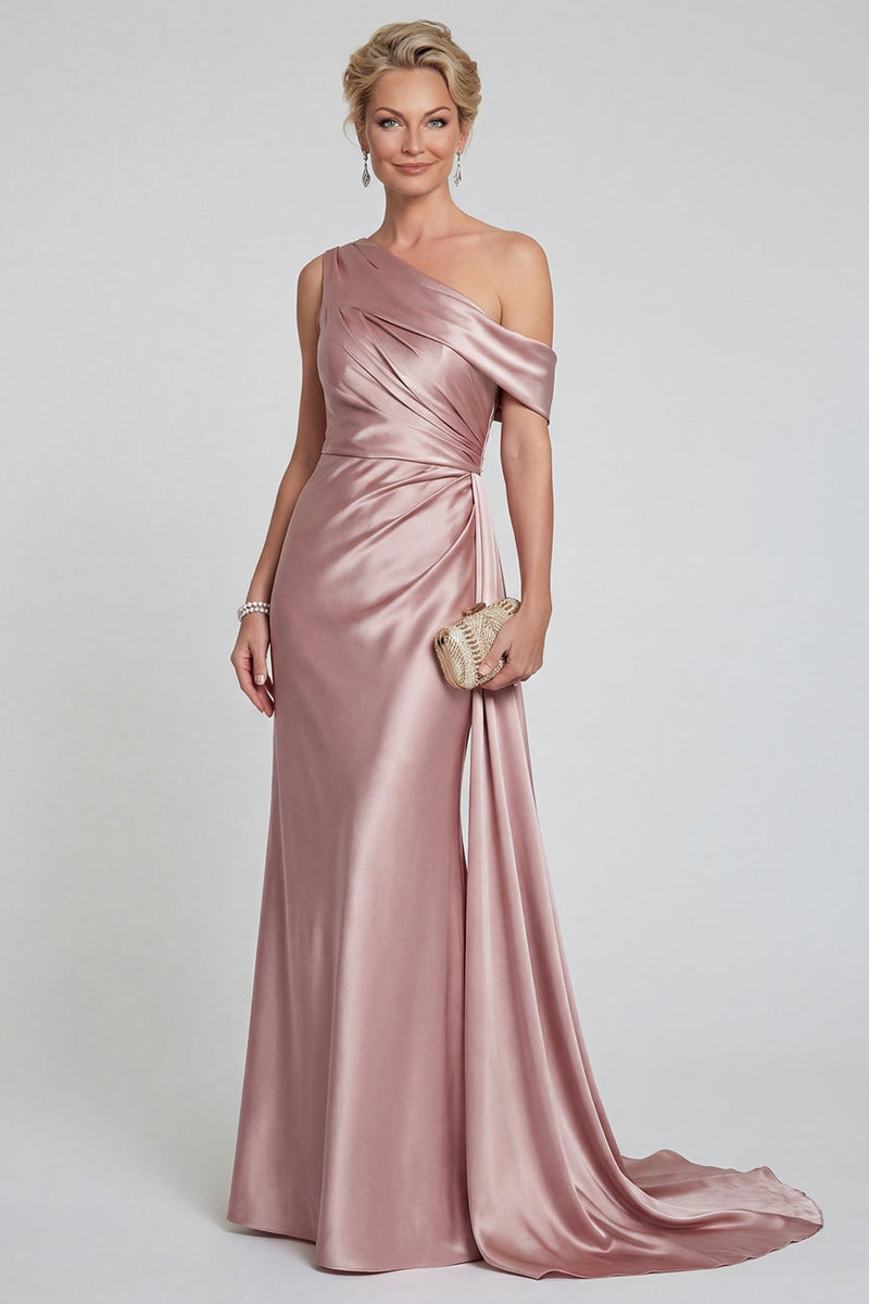 Laden Sie das Bild in den Galerie-Viewer, Meerjungfrauen Blush Eine Schulter Gerafft Satin Langes Mutter der Braut Kleid