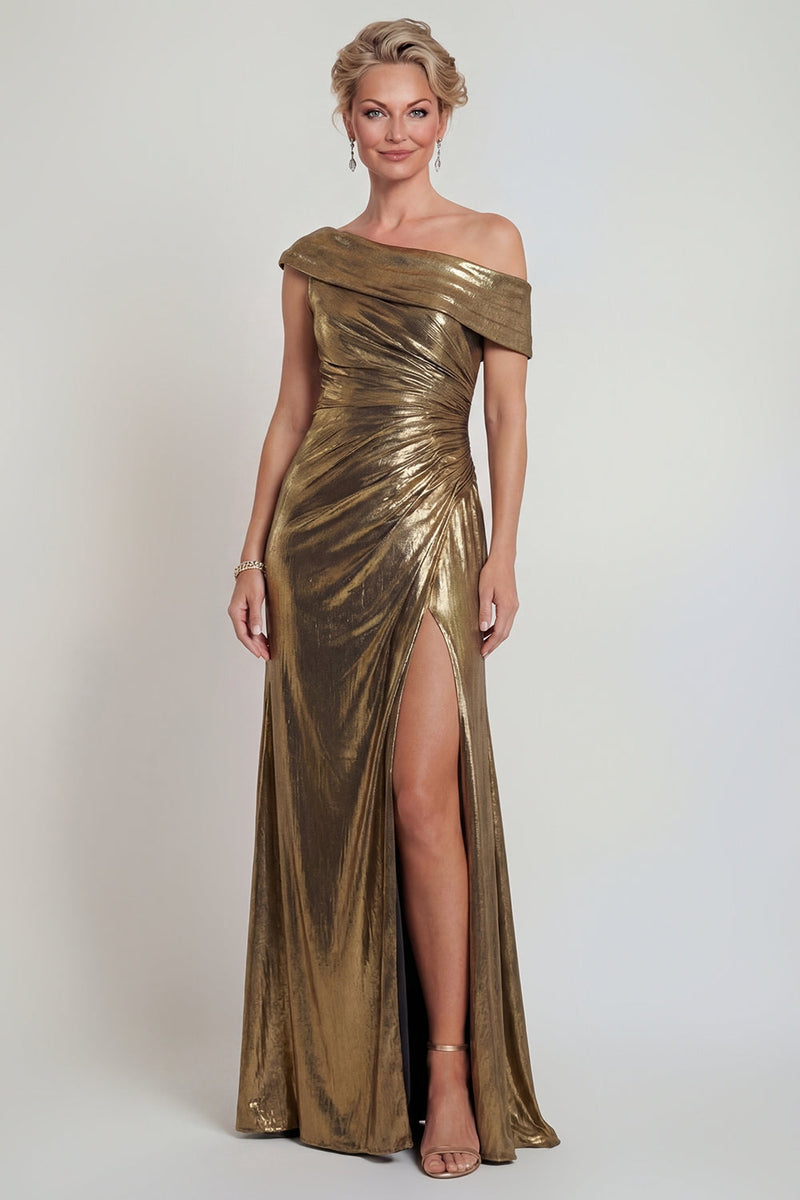 Laden Sie das Bild in den Galerie-Viewer, Metallisches Goldenes Gerafftes Scheide Ein Schulter Mutter der Braut Kleid mit Schlitz