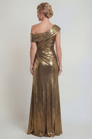 Laden Sie das Bild in den Galerie-Viewer, Metallisches Goldenes Gerafftes Scheide Ein Schulter Mutter der Braut Kleid mit Schlitz
