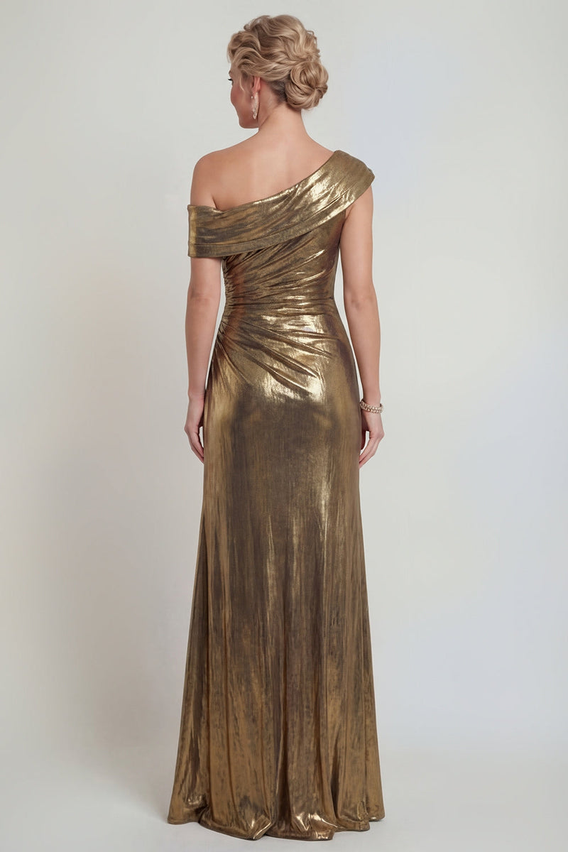 Laden Sie das Bild in den Galerie-Viewer, Metallisches Goldenes Gerafftes Scheide Ein Schulter Mutter der Braut Kleid mit Schlitz