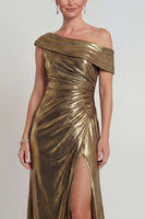 Laden Sie das Bild in den Galerie-Viewer, Metallisches Goldenes Gerafftes Scheide Ein Schulter Mutter der Braut Kleid mit Schlitz