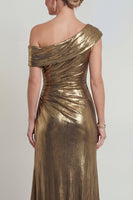 Laden Sie das Bild in den Galerie-Viewer, Metallisches Goldenes Gerafftes Scheide Ein Schulter Mutter der Braut Kleid mit Schlitz