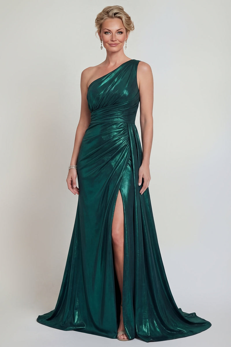 Laden Sie das Bild in den Galerie-Viewer, Metallisches Einschulter Dunkelgrünes Meerjungfrauen Langes Mutter der Braut Kleid mit Schlitz