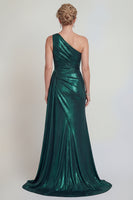 Laden Sie das Bild in den Galerie-Viewer, Metallisches Einschulter Dunkelgrünes Meerjungfrauen Langes Mutter der Braut Kleid mit Schlitz