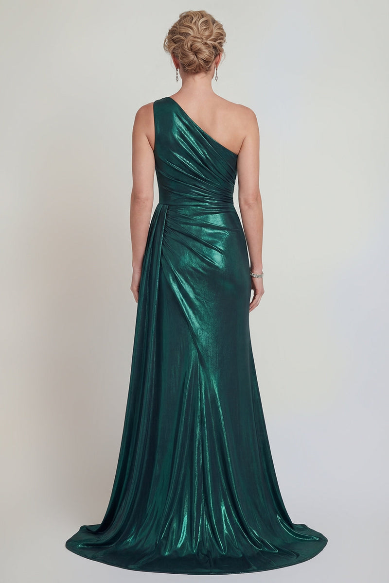 Laden Sie das Bild in den Galerie-Viewer, Metallisches Einschulter Dunkelgrünes Meerjungfrauen Langes Mutter der Braut Kleid mit Schlitz