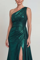 Laden Sie das Bild in den Galerie-Viewer, Metallisches Einschulter Dunkelgrünes Meerjungfrauen Langes Mutter der Braut Kleid mit Schlitz