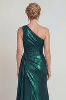 Laden Sie das Bild in den Galerie-Viewer, Metallisches Einschulter Dunkelgrünes Meerjungfrauen Langes Mutter der Braut Kleid mit Schlitz